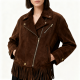 Chocolate Brown Suede Fringe Moto Jacket