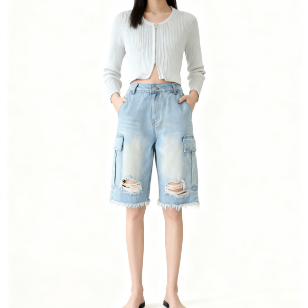 Pale Blue Distressed Cargo Denim Shorts