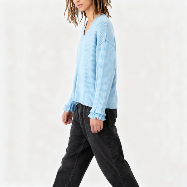 Light Blue Ruffled Cuff V-Neck Sweater