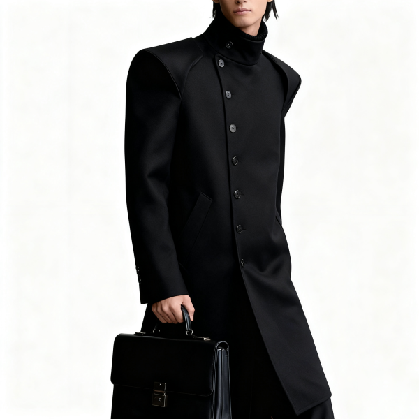 Black Structured High-Neck Wool Coat