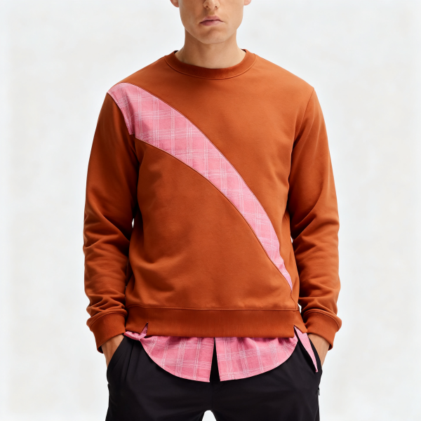 Rust Orange Plaid Panel Layered Crewneck