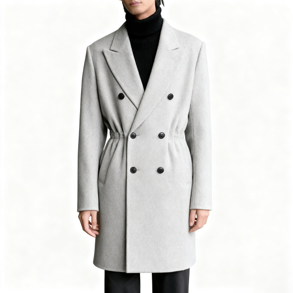 Light Gray Double-Breasted Waist-Tie Wool Coat