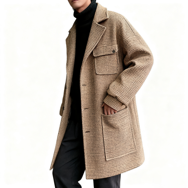 Beige Houndstooth Wool Utility Coat